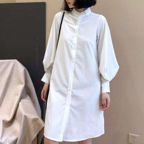 Long lantern sleeve chiffon female long sleeves white Shirt Blouse 2021 New Autumn Patchwork Blouse OL stand Collar