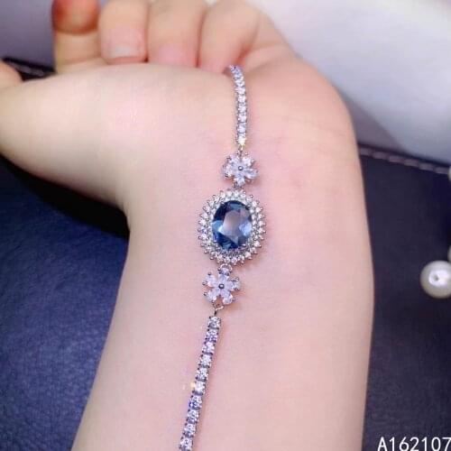 Fine Jewelry 925 Sterling Silver Inset With Natural Gemstones Womens Luxury Noble Dark Blue Topaz Hand Bracelet Support Detecti