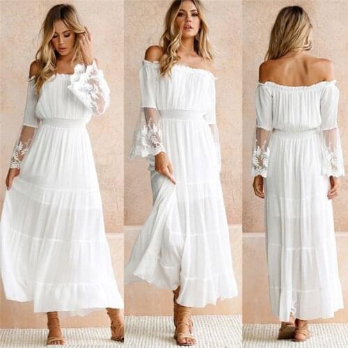 Female Strapless Long Sleeve Sundress Womens White Beach Dress Summer Loose Sexy Off Shoulder Lace Boho Maxi Dress Feme