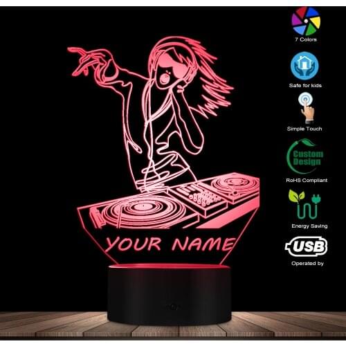 Female Sexy DJ Lady Custom 3D Night Light DJ Headphone Music Girl 3D Glowing Led Lamp w/ Personalised Name DJ Lighting Art Gift