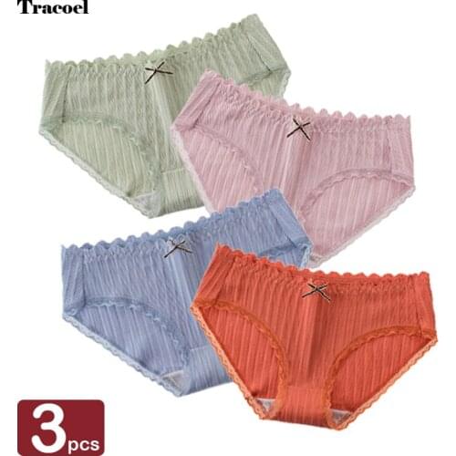Tracoel 3Pcs Cotton Lace Panties For Women Pure Breathable Fress Colors Female Underwear Sexy Comfortable Dropshipping Briefs