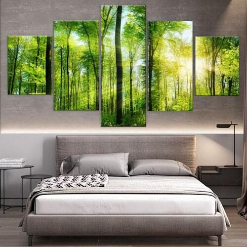 5 Pieces Picture With Sunlight Trees Forest Canvas Painting Landscape Poster Print Large Wall Art Wall Pictures Living Room