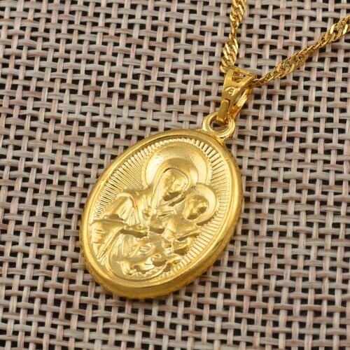 Anniyo Mary Our Lady and Son Pendant Necklace Gold Color Catholic Church Jewelry,Russian Orthodox Church for Women #052704