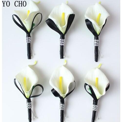 YO CHO Artificial Flower Boutonniere White Calla Lily Flower Groom Boutonniere Men Brooch Pin Wedding Witness Calla Lily Corsage