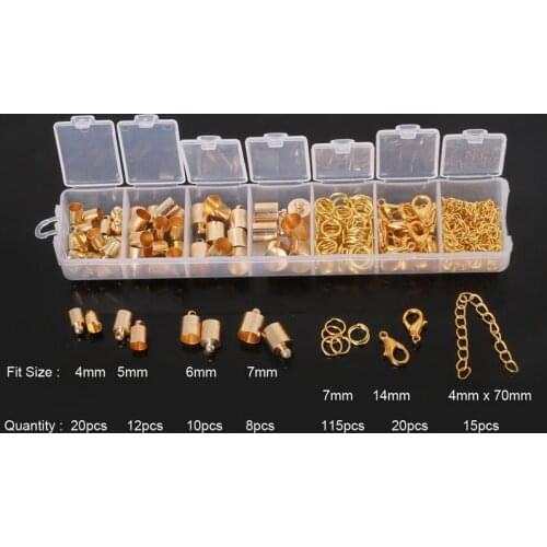 Gold/Silver 200pcs/lot Mixed Alloy End Cap,Jump Ring,Lobster Clasp,Extension Chain With Box For Jewelry Making DIY Set Hot Sale