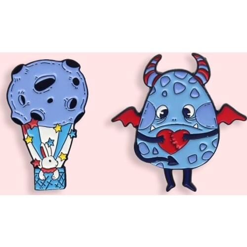 Creative Cartoon Blue Monster Egg Metal Enamel Brooch Cute Rabbit Hot Air Balloon Badge Fun Lapel Backpack Jewelry Gift