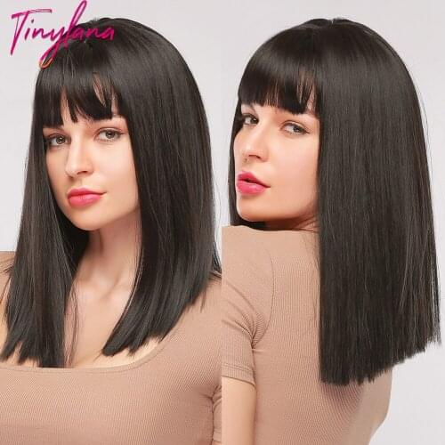 TINY LANA Medium Long Dark Black Synthetic Wigs with Full Bangs Silky Straight Wigs for Women Cosplay Daily Heat Resistant Fiber