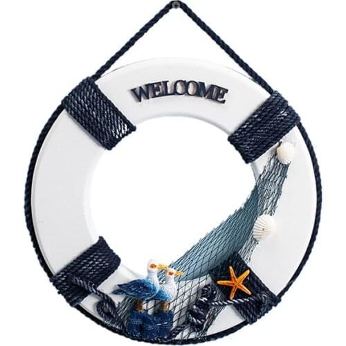 Hot Sales Mediterranean Decorative Wooden Life Buoy Figurines Blue Wall Hanging Nautical Sea Figure Home Decoration Accessories