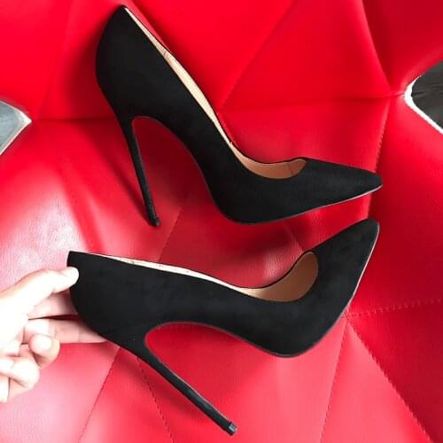 Moraima Snc Black Suede High Heel Shoes Sexy Pointed Toe Woman Pumps 12cm Thin Heels Dress Shoes Celebrity Shoe