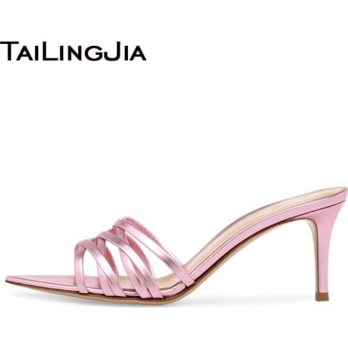 Womens Pointed toe Pink Strappy Mules Sandals Large size Shoes Ladies Elegant Party Heels Summer Mule Sandal Slides Stilettos