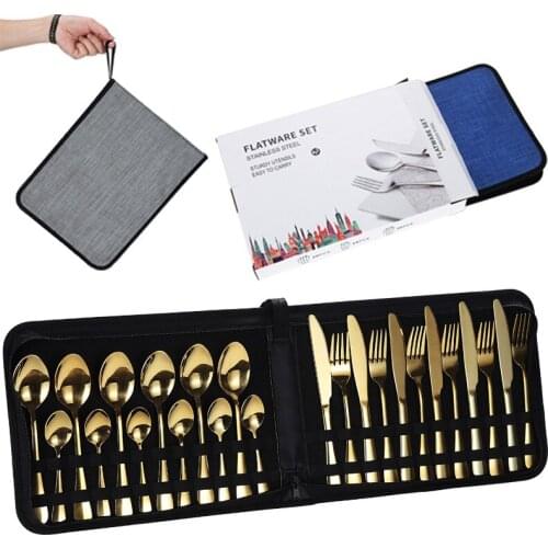 24PCS Gold Dinnerware Set Stainless Steel Tableware Set Knife Fork Spoon Dinner Set Gift Bag Dishwasher Safe Cutlery Flatware