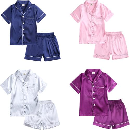 Girls Pajamas Set Summer Short Sleeve Childrens Sleepwear Set Fake Silk Pajamas Boy Pyjamas suits for Kids Home Wear Clothing