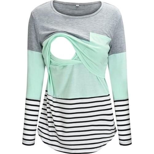 4# Striped Maternity T-shirts Women Long Sleeve Nursing Tops T-shirt For Breastfeeding Pregnant Tees Round Neck Premama T-shirt