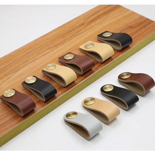Leather Genuine Handle Furniture Cabinet Drawer Nordic Brass Kitchen Cupboard Wardrobe Dresser Closet Door Pull Hardware Knob