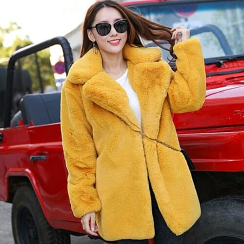 New Winter Women Rabbit Fur Coat Women Thick Warm Turn Down Collar Faux Fur Jacket Fashion Fluffy Loose Parka