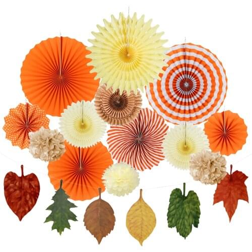 14Pcs Party Decoration Set Orange Paper Fans Autumn Paper Pompoms Maple Leaves Garlands For Birthday Wedding Thanksgiving Decor