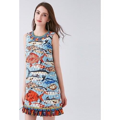 High Quality 2019 Womens Dress Spring Summer New Sweet Tropical Fish Print Heavy Work Beaded Tassel Sequins Ladies Beach Dress