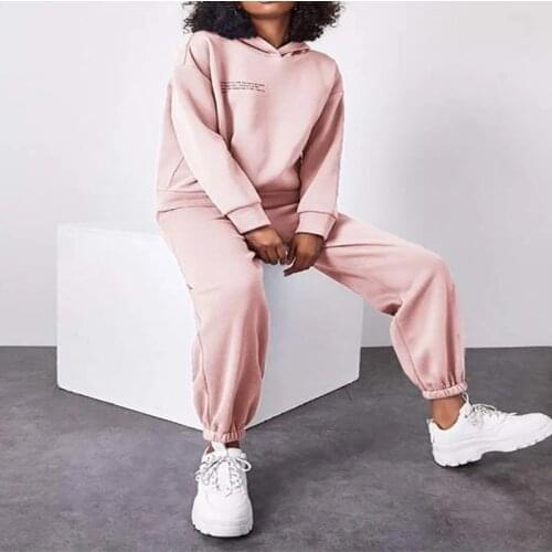 Women Letter Print Fleece Two Piece Sets Loose Long Sleeve Hoodies Tops And High Waist Sweatpants Casual Female Solid Tracksuits