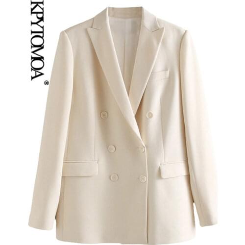 KPYTOMOA Women 2020 Fashion Office Wear Double Breasted Blazer Coat Vintage Long Sleeve Pockets Female Outerwear Chic Tops