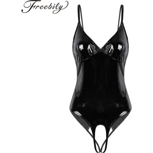 Womens Lingerie Nightwear latex catsuit Bodycon Wetlook Patent Leather Adjustable Straps Open Crotch Sissy Teddy Bodysuit
