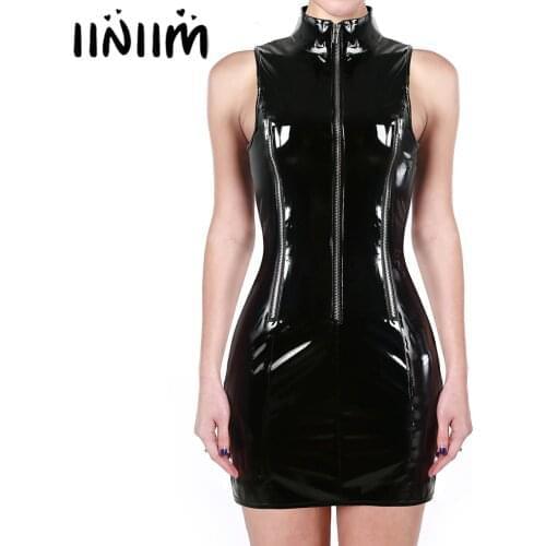 Women Wet Look Leather Clubwear Bodycon Mini Dresses Sleeveless Mini Dress Fashion High Neck Zipper Front Dress Sexy Clubwear