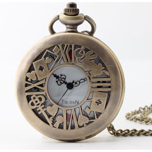 50pcs/lot Hollowed Alice in Wonder Land Pocket Watch Roman Dial Men Women Vintage Flip Quartz Pocket Watch Wholesale
