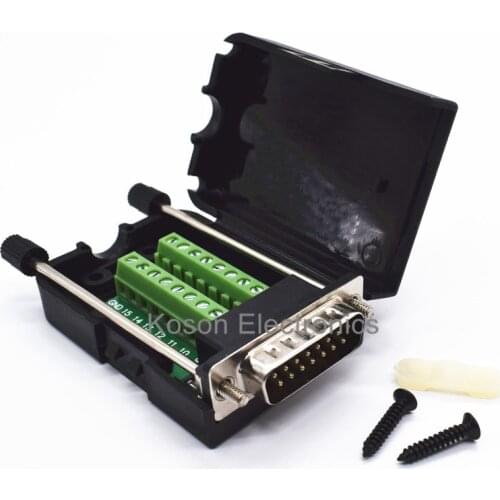 DB15 Connectors D-SUB Male 2 Row 15 Pin Plug Breakout Terminals Board Connector Screw Type Black Plastic Cover