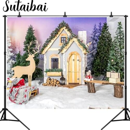 Christmas Wood House Photography Backdrop Winter Snow Tree Elk Decoration Holiday Background Photo Booth Photoshoot Prop