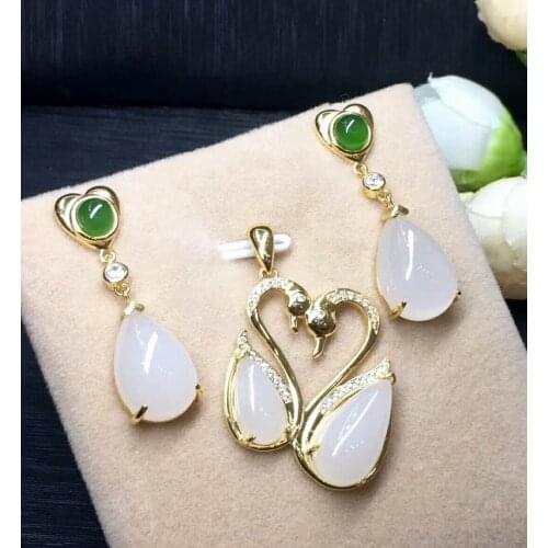 Hetian Baiyu Silver Inlay Set Qinghai Material White Jade Set h9