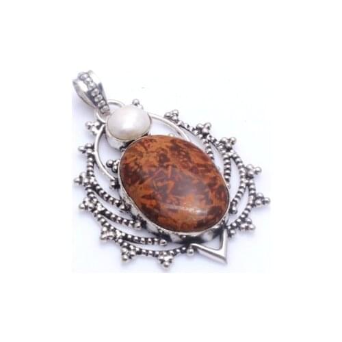Genuine Leopard Skin Jasper Pendant Silver Overlay over Copper , 65 mm, P10707