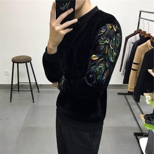 Luxury Velvet Hoodie Peacock Embroidery Soft Handfeel Velours Fancy Casual Slim Fit Men Sweatshirt Club Party