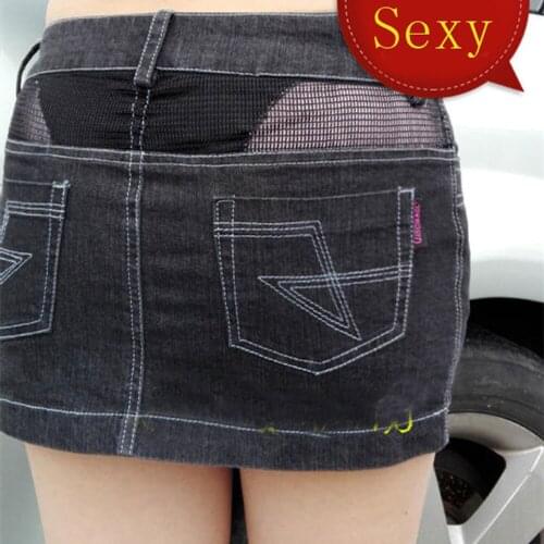 Sexy Women See Through Pencil MINI Jean Skirt Plus Size Low Rise Waist Denim Skirt Vintage Cute Erotic Culb Wear FX49