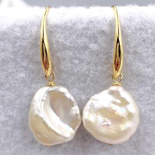 14x16mm White Baroque Pearl Earrings Gold Ear Drop Hook Party Gift Real Earbob Accessories Wedding Women Fashion Natural Luxury