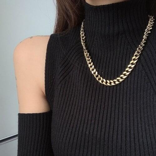 SRCOI New Trendy Vintage Cuban Link Chain Necklace Simple Flat Titanium Steel Chain Necklace Women Punk Fashion Party Jewelry