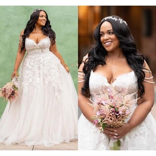 African Plus Size A Line Wedding Dresses Sexy Spaghetti Straps Lace Applique Tulle Sweep Train Garden Country Wedding Gown