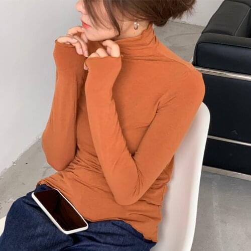 Women autumn winter inner wear turtleneck tshirt solid elastic bodycon t-shirt flower collar vintage tops aesthetic korean