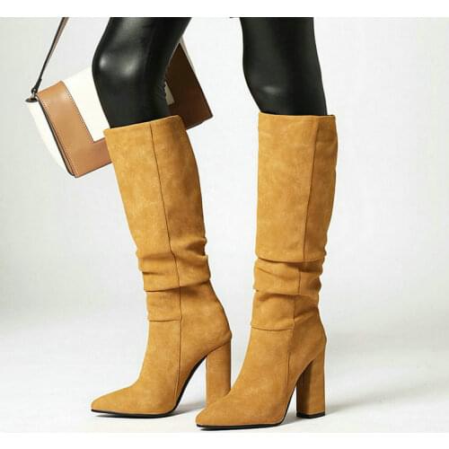 Faux Suede Women Knee High Boots Fashion Pointed Toe Square High Heel Ladies Winter Boots Slip on Female Shoes Black Yellow Gray