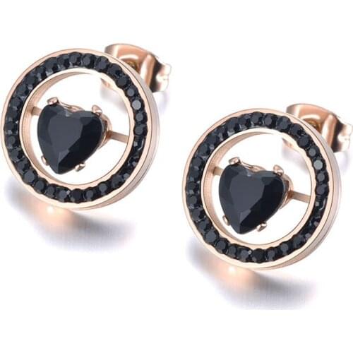 Stainless Steel White & Black Clay Rhinestone Stud Earrings For Women Rose Gold Heart CZ Crystal Christmas Gift JE19028