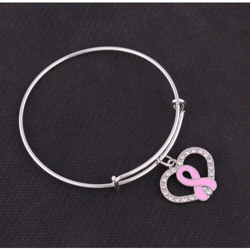 Pink Ribbon Breast Cancer Awareness Pink Enamel Ribbon Bow Heart Expandable Wire Bangle Bracelet Courage Hope Gift for Women