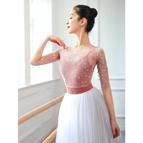 Embroidered Flower Ballet Net Yarn Tops Women Adult Dance Practice Clothes Gymnastics Womens Body Gauze Dance Top