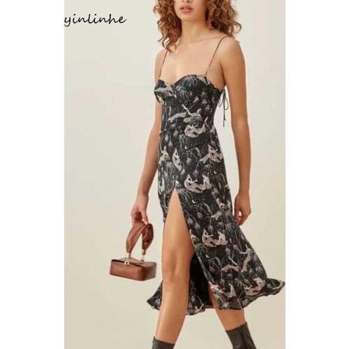 Yinlinhe Print Black Tied Strap Long Dress Women Elastic Waist Slim Summer Dress Backless High Split Sexy Party Dresses 2021 975