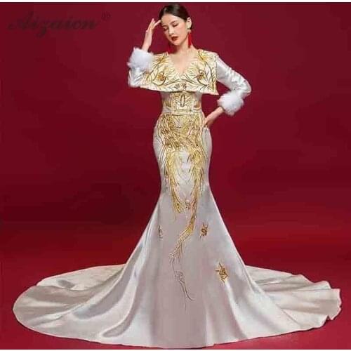 Women Chinese Evening Dress Cheongsam Modern Oriental Style Trailing Fashion Show Gown Host Dresses White Robe Orientale Femme