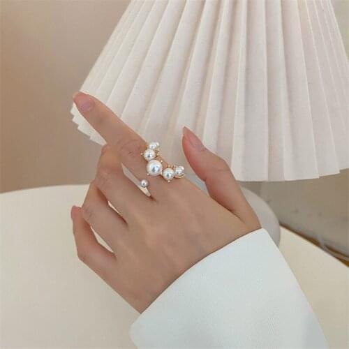 ORZTOON Korean Fashion Geometric Pave Pearl Rings For Women Elegant Personality Ring Adjustable Jewelry Wedding Gifts For Guests