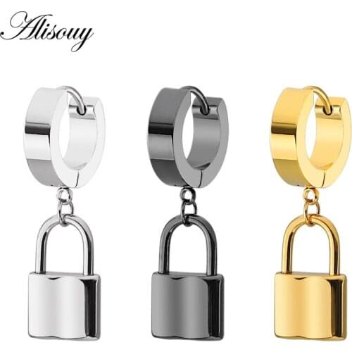 Alisouy 2pcs Lock Pendant ear Earrings 316L Stainless Steel Women Men Unisex Jewelry Hiphop Hoop Earrings Rock Party Jewelry