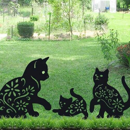 3pcs/set Outdoor Kitten Statue Yard Art Stakes Animal Shape Decoration Garden Stakes Metal Hollow Lawn Ground Sticks