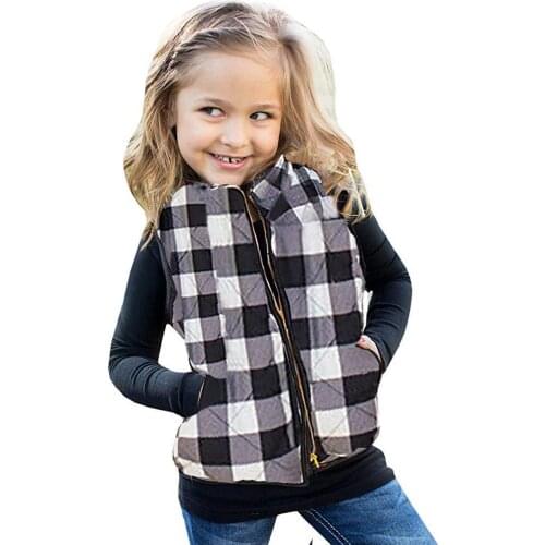 Fall winter christmas Childrens sleeveless quilted buffalo plaid vest jacket kids zipper coats with pocket