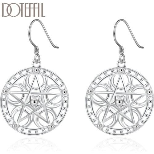 DOTEFFIL 925 Sterling Silver Round Star Pendant Earring For Women Wedding Engagement Party Fashion Jewelry