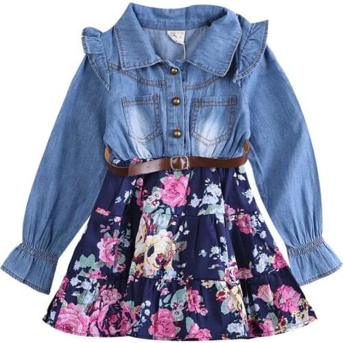 2-6 Years Toddler Baby Girl Denim Dress Long Sleeve Floral Patchwork Spring Autumn Casual Denim Dress Girls Party Pageant Dress