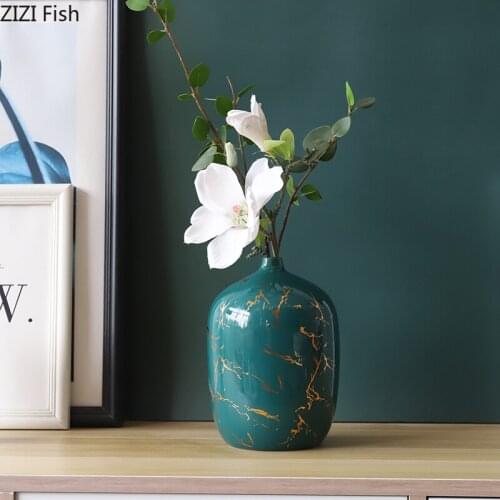 European Dark Green Ceramic Small Mouth Vase Living Room Porch Flower Arrangement Marble Pattern Art Flower Vase Home Decoration