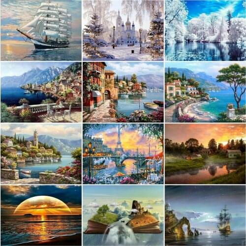 HUACAN Oil Painting By Numbers Seaside Scenery DIY Frame Pictures By Number Winter Tree Paint On Canvas DIY Home Decoration